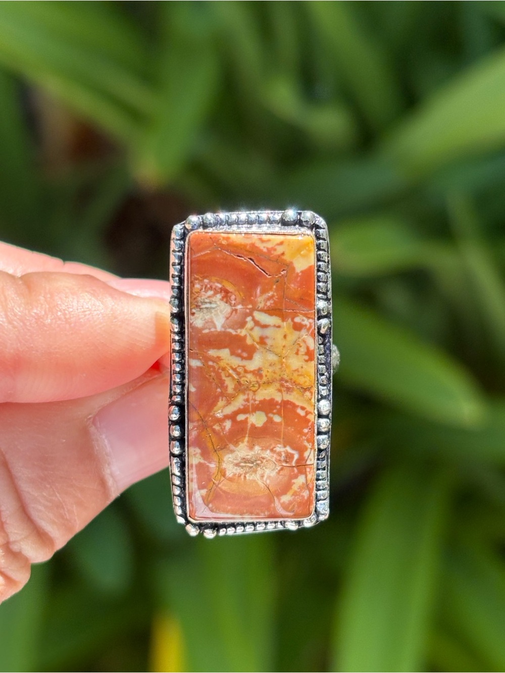 Handcrafted Orange Jasper Rectangle Silver Ring